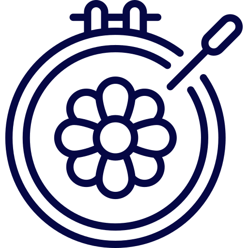 Icon of an embroidery hoop with a flower design and a needle.