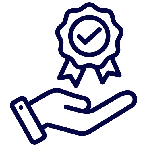 Outlined hand holding a ribbon badge with a checkmark.