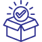 Icon of an open cardboard box with a rising circle featuring a checkmark and lines symbolizing brightness. The box and checkmark are in blue.