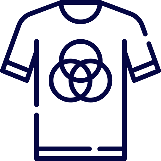 Icon of a T-shirt with an overlapping circle design on the chest, outlined in navy blue.
